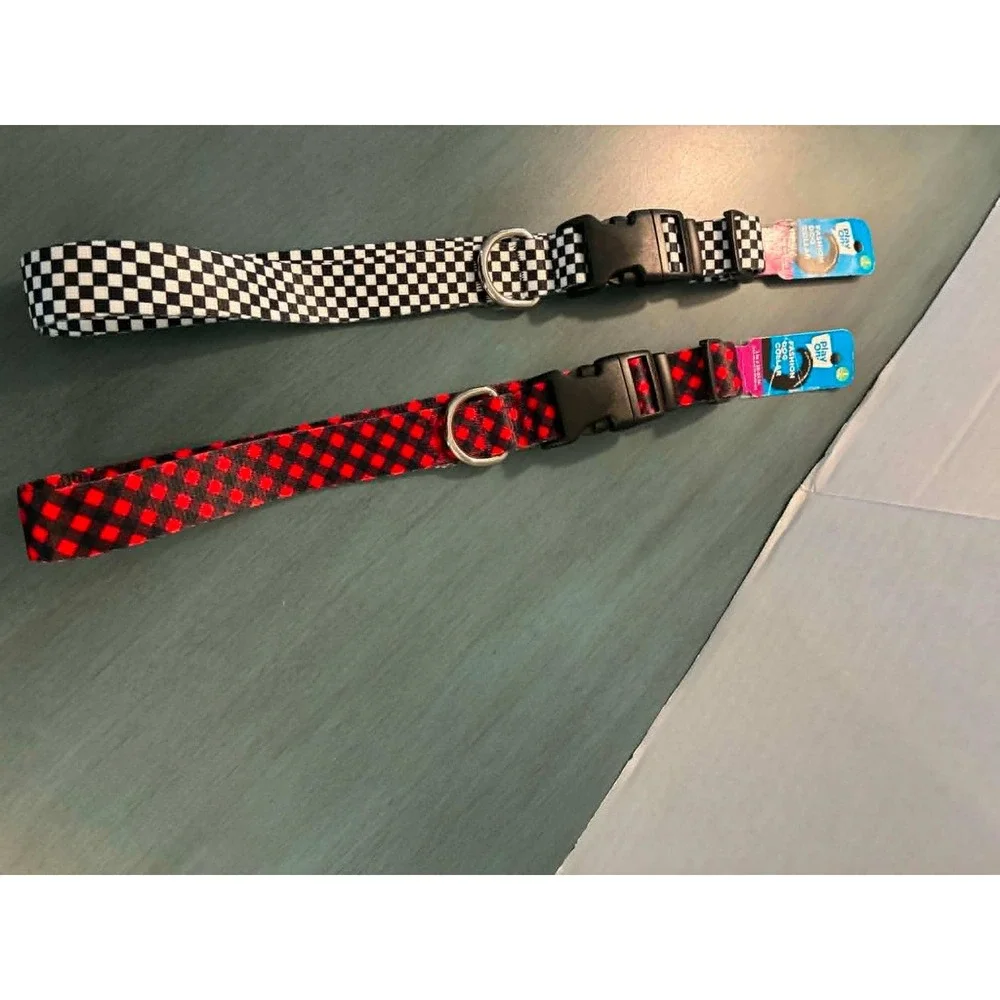 Play On Dog Collar Set Large Red Black White Plaid Checkered New 2 Pack